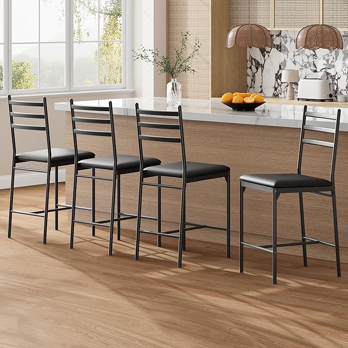 GarveeHome Bar Stools Set of 4, Counter Height Bar Chairs with Back and Thick Cushion, Upholstered Dining Chairs with Padded Seat, Barstools for Kitchen Island, Bar, Dining Room, Retro Black