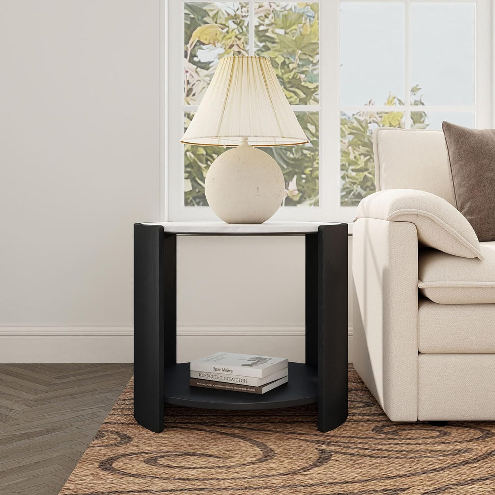 DDAYALANE Farmhouse Wooden Bedside Table for Living Room, White Faux Marble T...