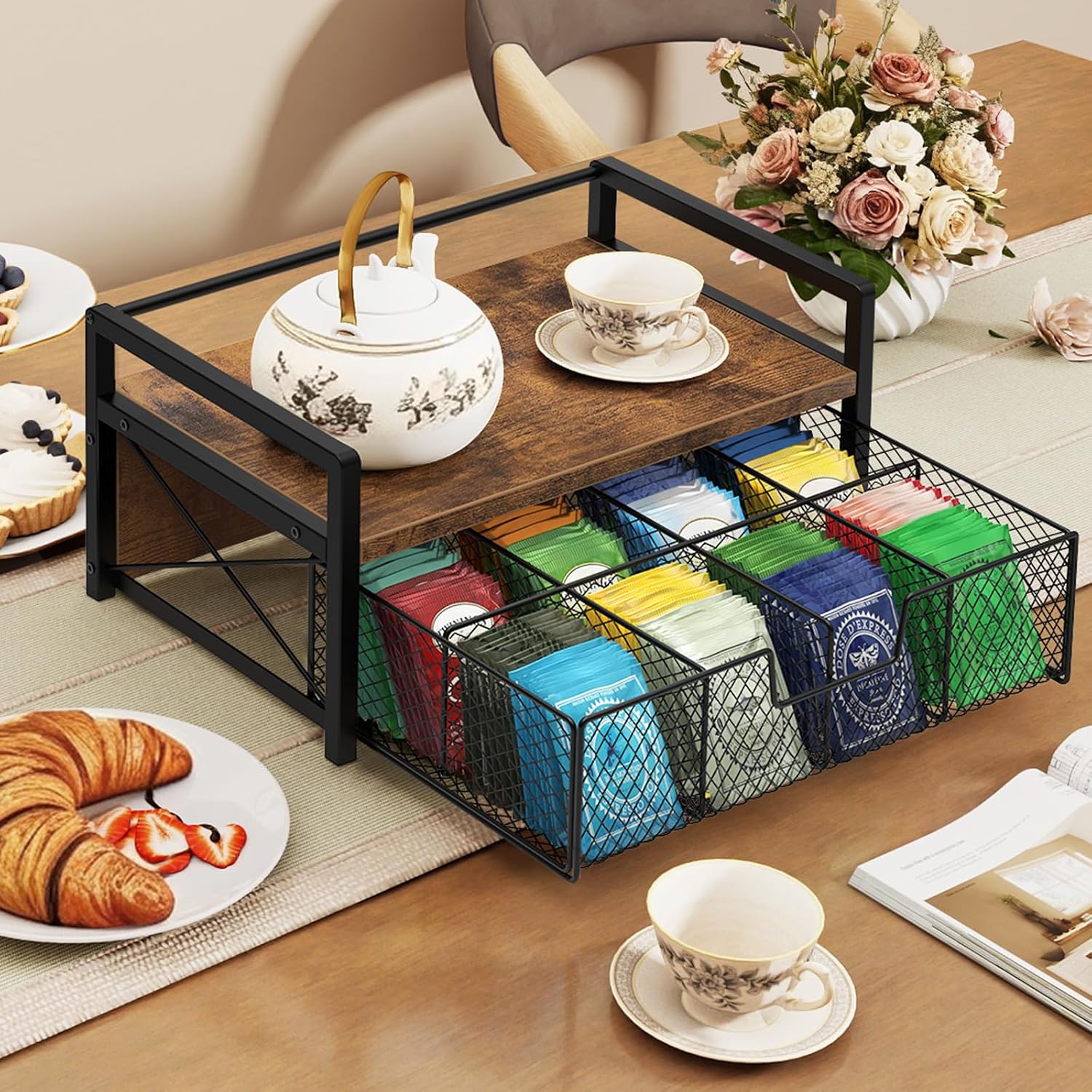 Tea Bag Organizer with Drawer, Tea Caddy for Countertop, Rustic | Wooden Tea Station Organizer with Drawer, Teabag Holder, Tea Organizers and Storage for Tea Bags, Sugar Packets, Accessories