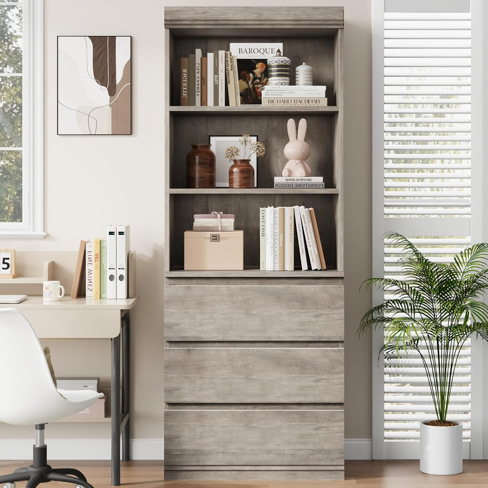 IDEALHOUSE 70" Tall Bookcase with Drawers, Open Book Shelves Library Boo...