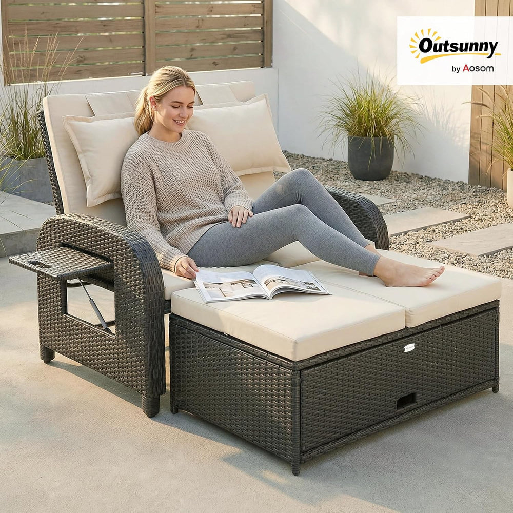 Outsunny Patio Rattan Daybed, Wicker Outdoor Daybed with Storage Ottoman, Lov...