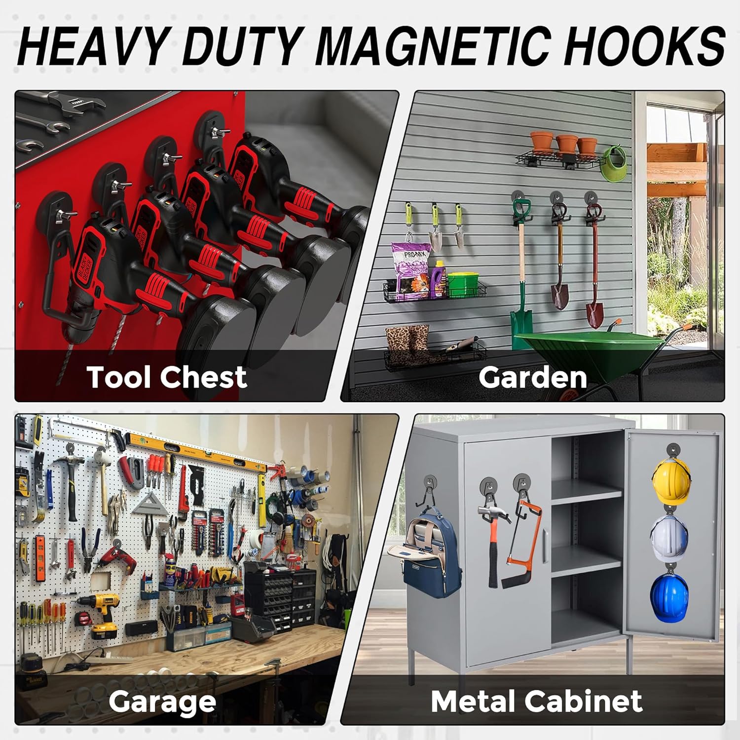 4Pcs Heavy Duty Storage Magnetic Utility Hooks Large Garage Strong Extra Magnet Hooks Hanger with Anti-Slip Coating Heavy Duty Magnetic Hooks for Hanging Power Dril Garage Garden Tools Black