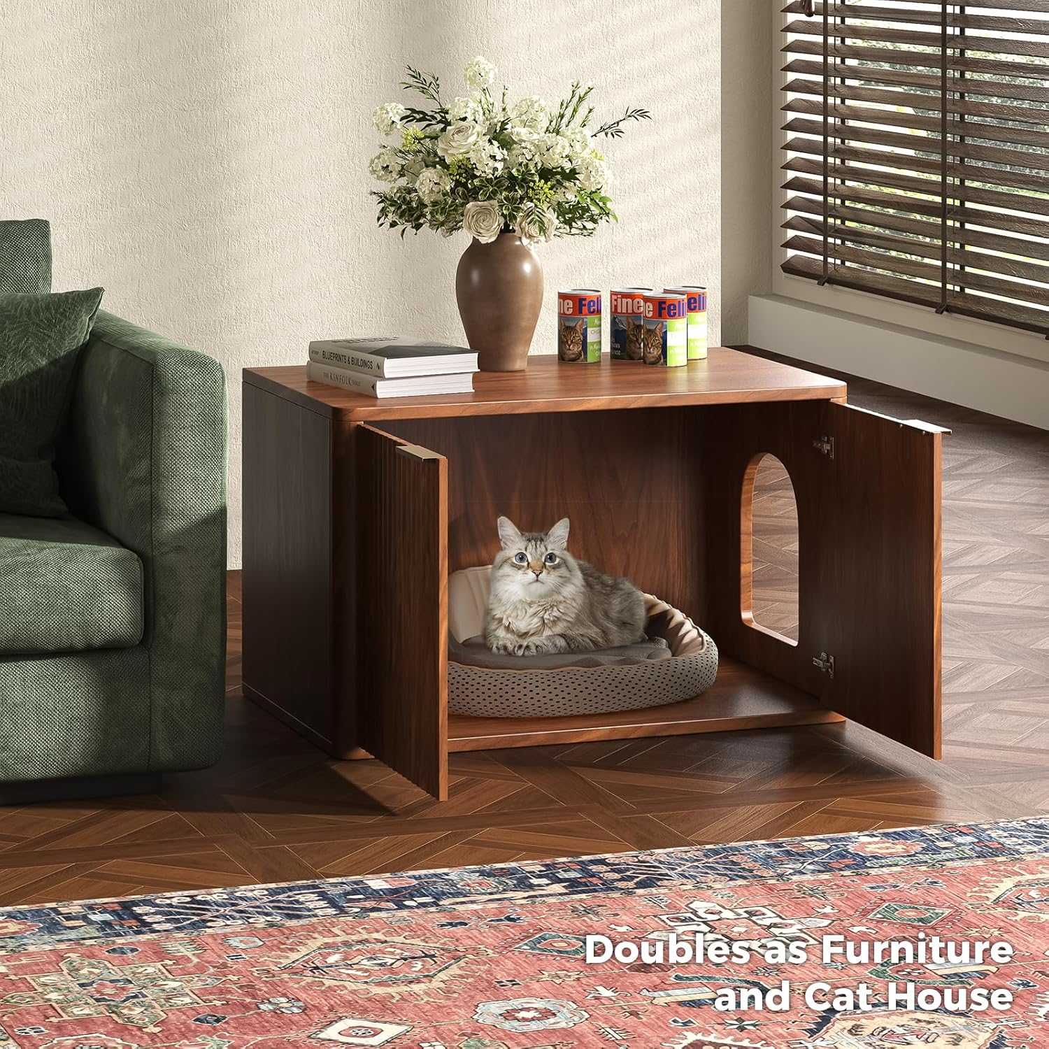 31.5" Walnut Cat Litter Box Enclosure Furniture, Large Decorative Hidden Litter Box Cabinet, Fluted Mid Century Modern Kitty End Table for Living Rooms, Bedrooms, Entryways