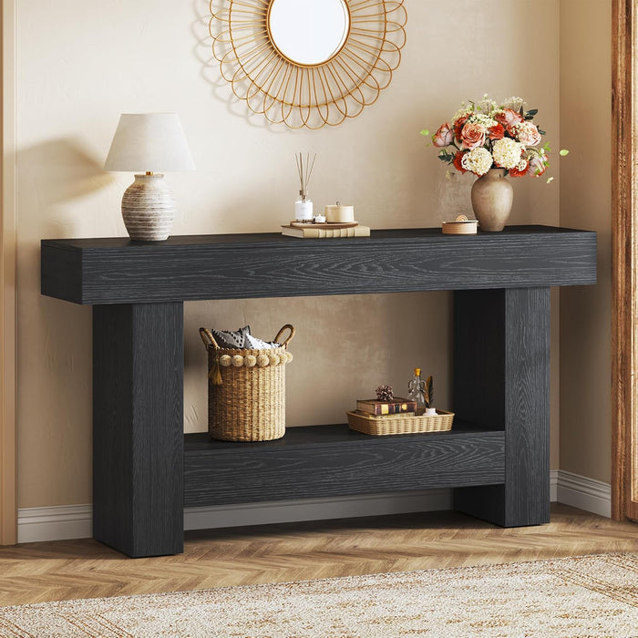 HUAHUU 63 Inches Long Console Table, Sofa Table with Storage Behind Couch, Entryway Table with Open Storage, Farmhouse Console Tables for Entryway, Living Room, Hallway, Black