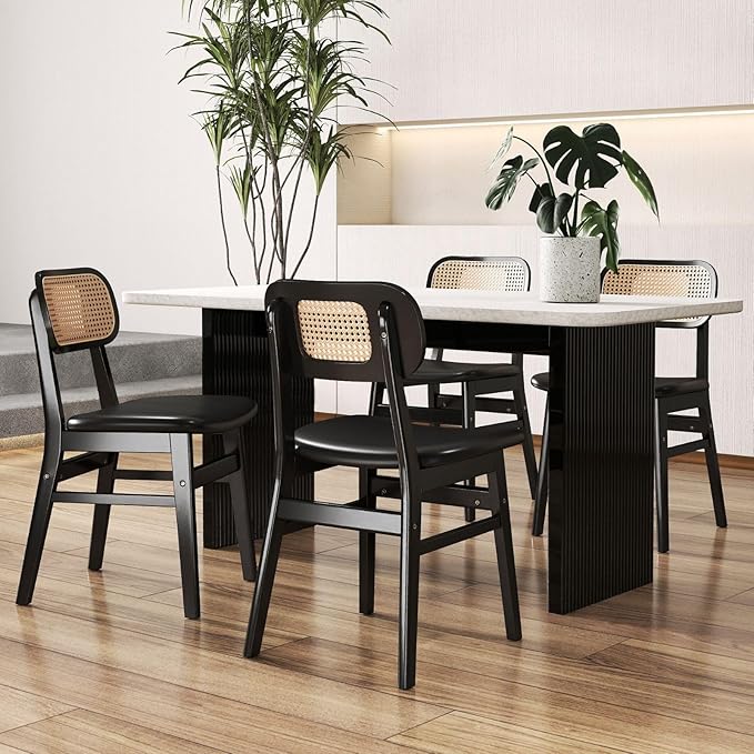 Black Dining Chairs Set of 4 Faux Leather Dining Room Chairs with Rattan Back...