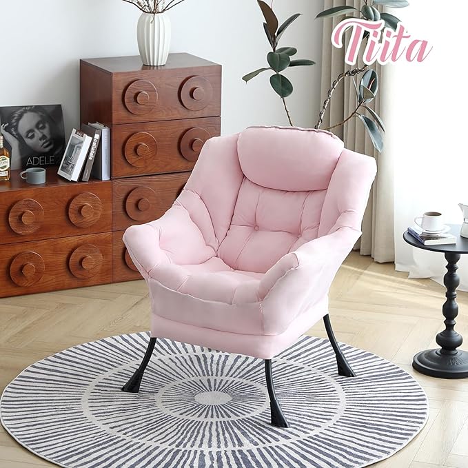 Tiita Lazy Chair, Modern Large Accent Lounge Armchair, Comfy Leisure Sofa Reading Chair with Footrest for Bedroom, Living Room, Dorm Rooms, Garden and Courtyard, Pink