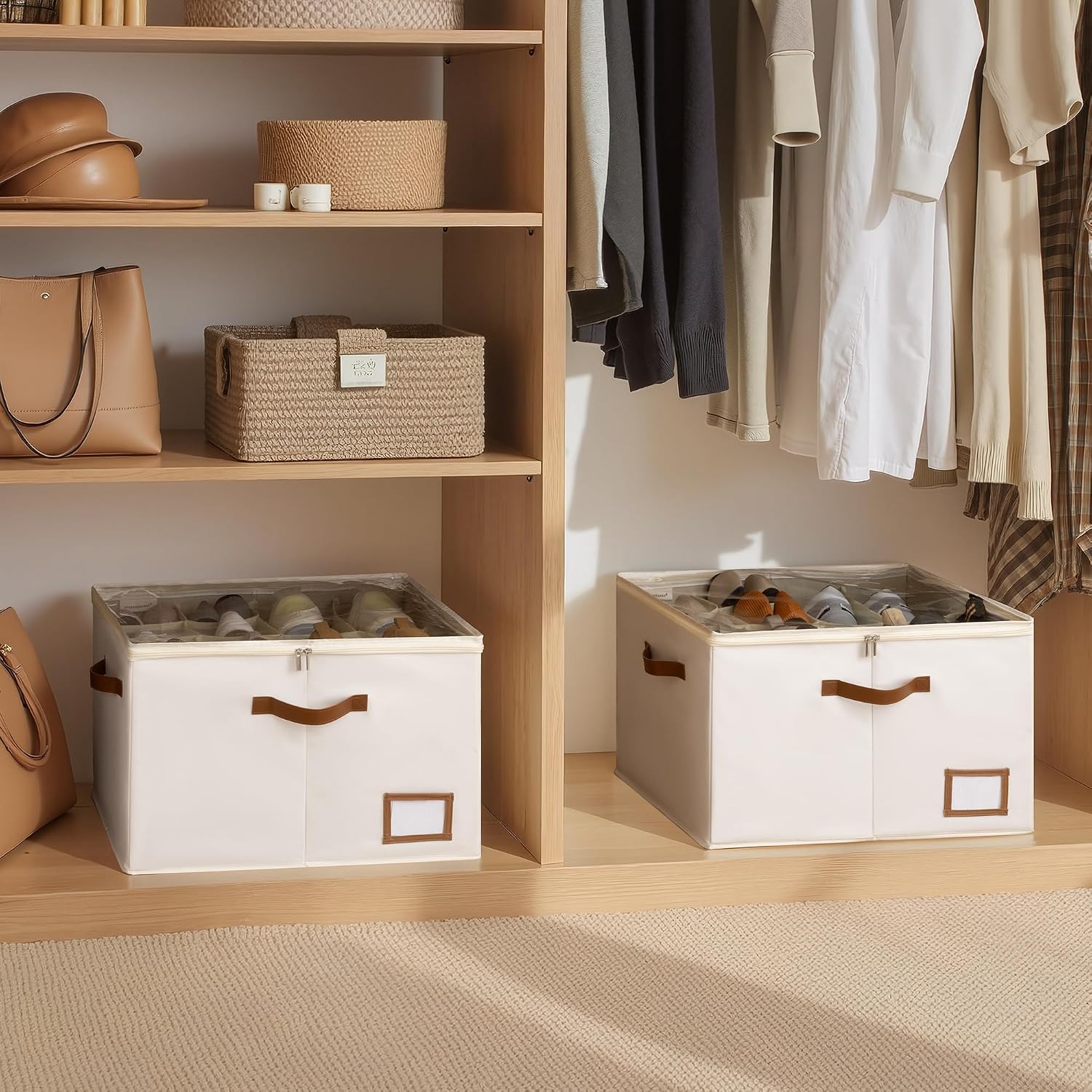 StorageWorks 2-Pack Shoe Storage Box for Closet, Sandal Organizer, Beige | Up to 32 Pairs, 12 Shoe Slots Each, Fixed Compartments, Clear Lid, Label Window, Side Mesh Pocket, Fits Flats & Low-Tops