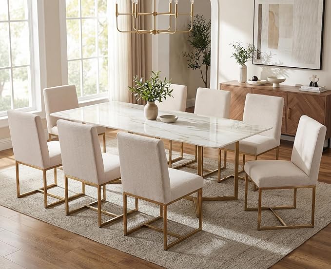 CIMOTA Modern Dining Chairs Set of 8, Upholstered Dining Room Chairs Armless Guest Side Chair with Gold Base for Dining Room/Kitchen, Beige, 8PCS