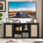 LEYAOYAO Rattan TV Stands for Living Room, Boho Entertainment Center with Storage and Open Shelf, Wood Media Console for 50-65 Inch TV, Black