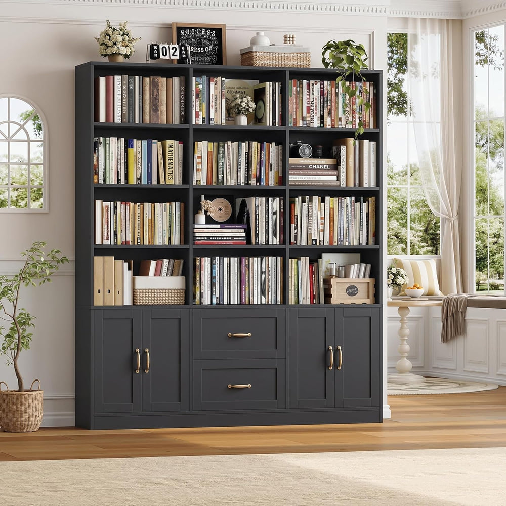 HOSTACK 71" Tall Triple Wide Bookshelf with Storage Drawers & Doors,...