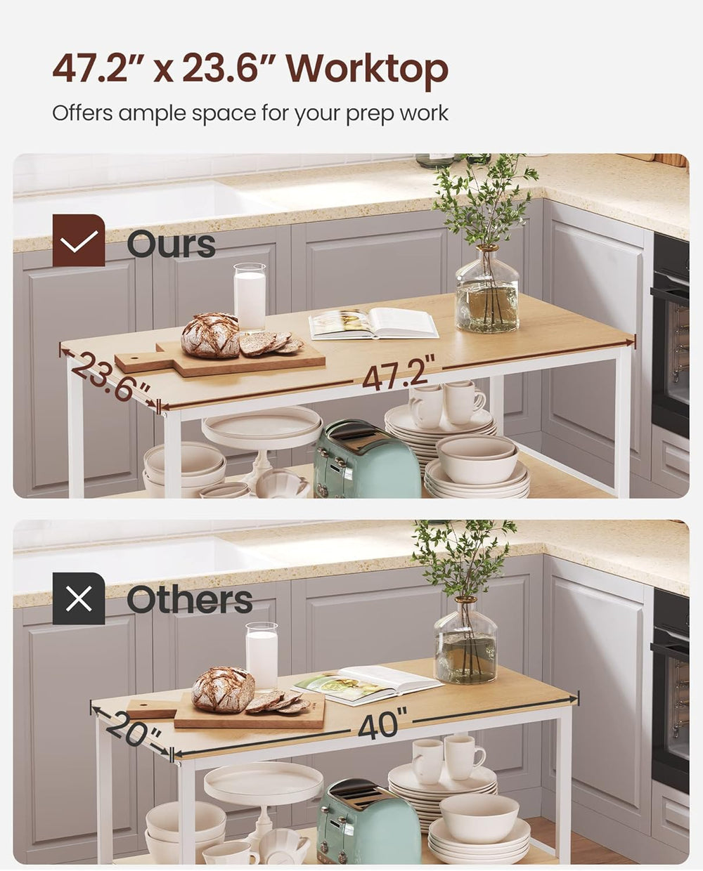VASAGLE Kitchen Island with 3 Shelves, 47.2 Inches Width Kitchen Shelf with L...
