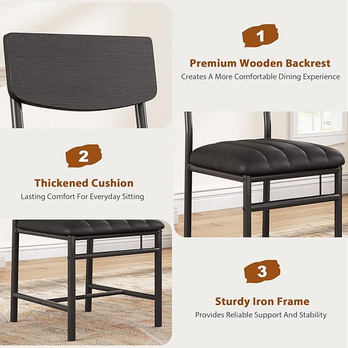 Industrial Dining Chairs Set of 6 - Upholstered Dining Room Chairs with PU Leather, Kitchen Chairs with Wooden Backrest and Thickened Metal Legs, for Dining Room, Living Room (6, Dark Black)