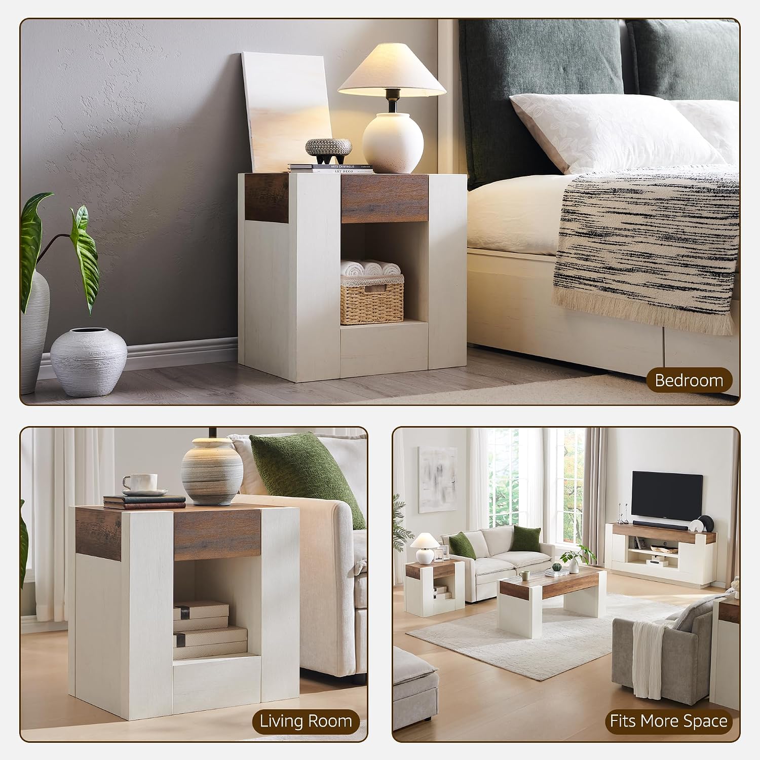 OKD 24" Wide Modern Nightstand, Wood Night Stand with Charging Station & Hidden Drawer, Side Table Bedroom with Storage Shelf, End Table, Antique White