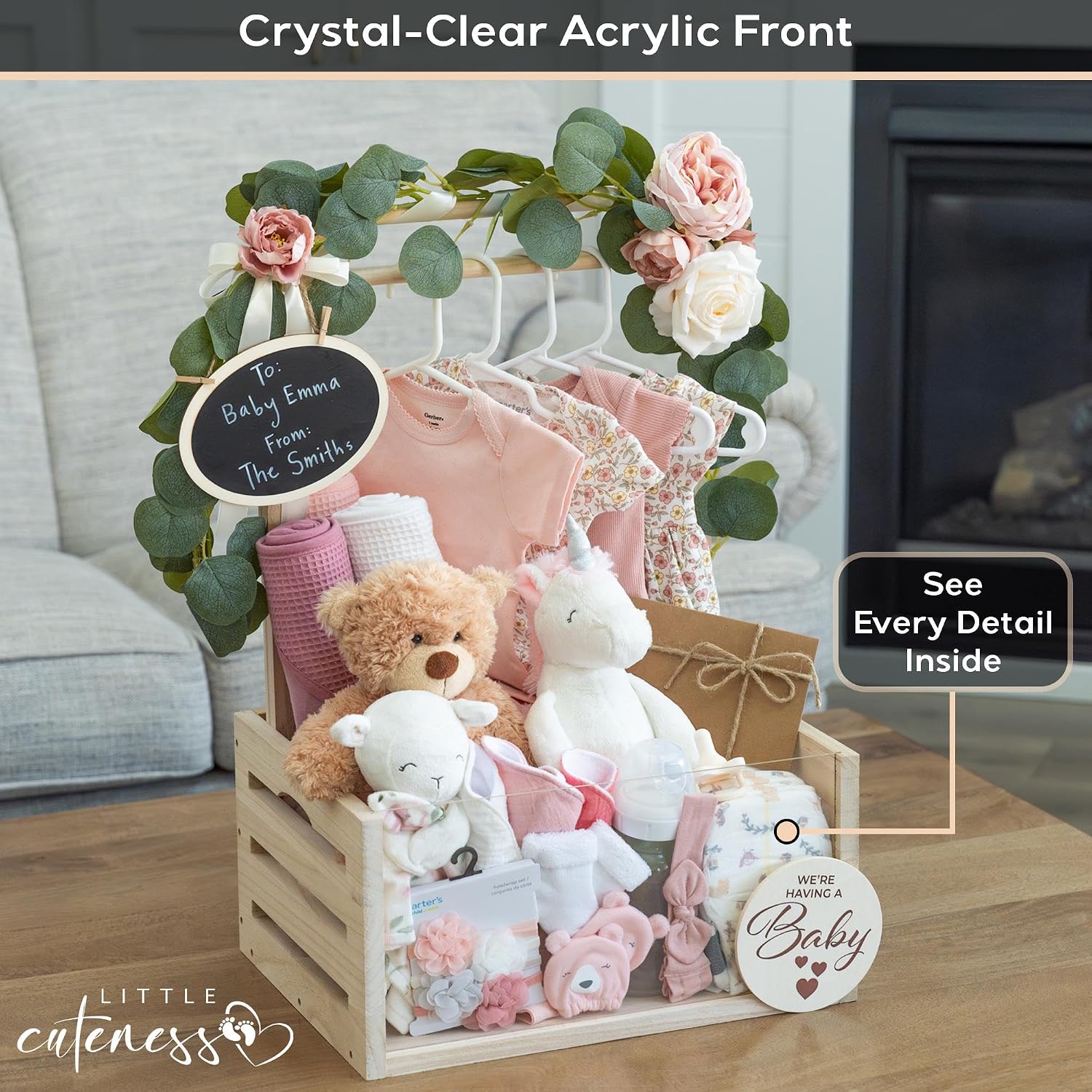 Wooden Baby Shower Crate Closet, Personalized Baby Shower Basket, Natural with Clear Acrylic Front