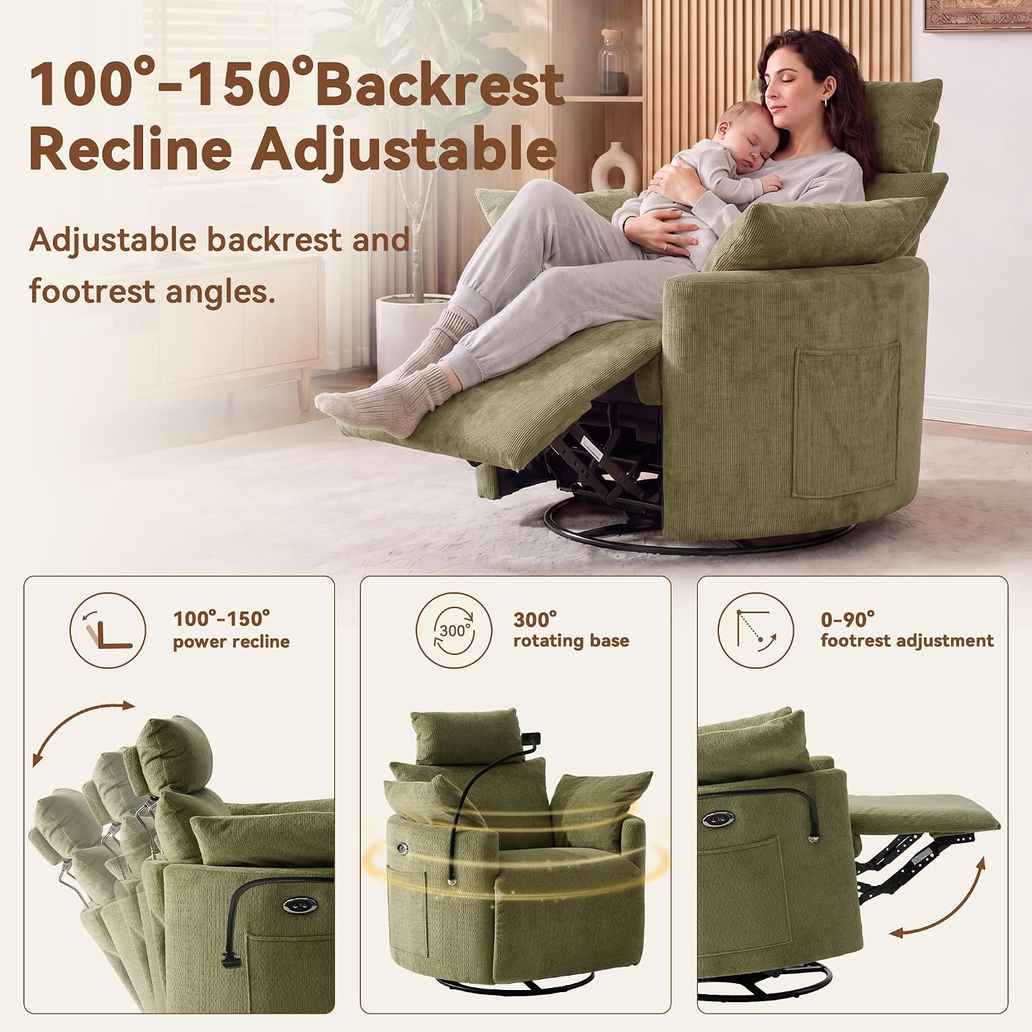 FOXHUNTER 300° Swivel Power Nursery Rocking Glider Chairs, Chenille Green | 30° Rocking Mode, USB Charging Port, Phone Holder, Adjustable Headrest, 2 Cushions, 2 Side Pockets, for Living Room Bedroom