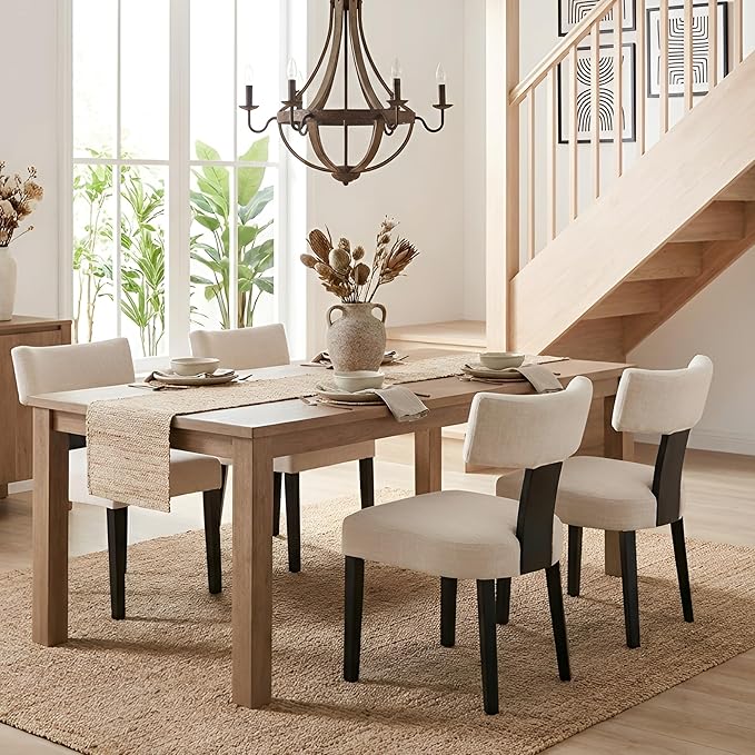 HNY Mid Century Modern Farmhouse Dining Chairs Set of 4, Linen Upholstered Accent Chair Curved Backrest Kitchen Chairs, with Black Hardwood Frame, Beige