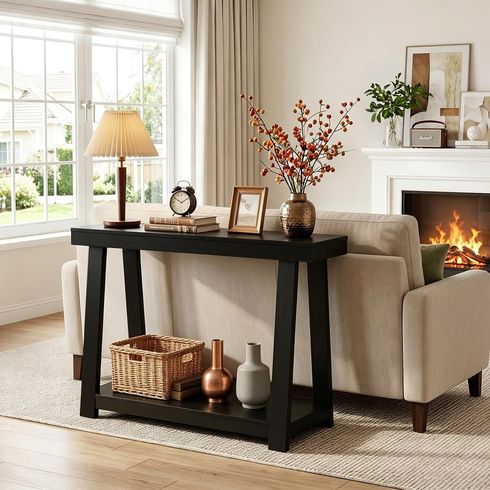 Black Console Table, 43.5" Narrow Black Entryway Table with 2-Tier Stora...