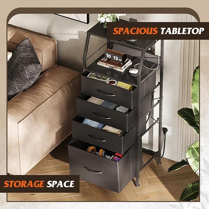 WLIVE Night Stand with Charger Station, LED Nightstand with 4 Fabric Drawers ...