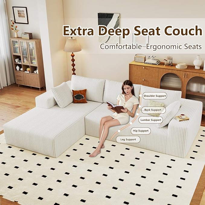 96" Modular Sectional Couch, Boneless L Shaped Cloud Sofa with Chaise Lounge, Corduroy Upholstered Couches Memory Foam Deep Seat, No Assembly Required, Ideal for Living Room(White, Left Facing)