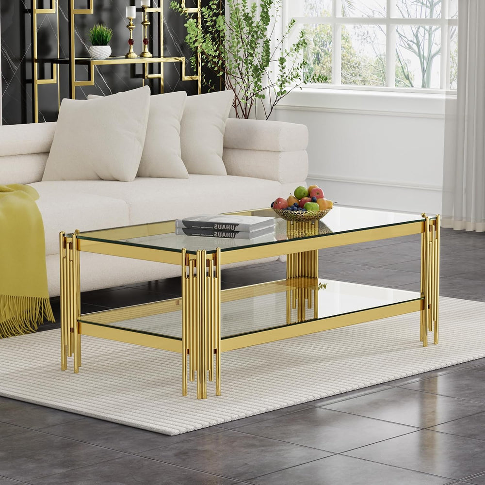 48-Inch Modern Rectangular Glass Coffee Table with Gold Stainless Steel Pipe ...