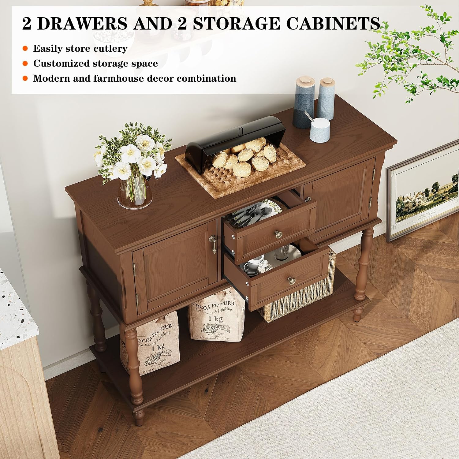 ARTPOWER Console Table with 2 Drawers, Retro Entryway Table with 2 Door | Solid Wood Veneer Entry Table, Behind Couch Sofa Table with Open Storage Shelf for Living Room, Foyer, Hallway