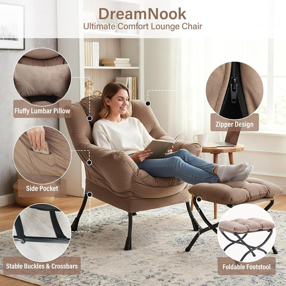 Lazy Chair with Ottoman, Comfy Chair with Pillow，Pure Khaki