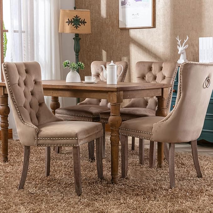 Modern Dining Chairs Set of 8, Tufted Upholstered Dining Chair with Solid Woo...