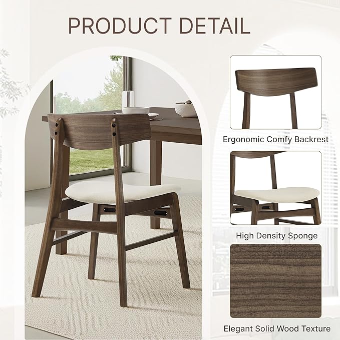 Wooden Dining Chairs Set of 4, Upholstered Modern Dining Room Chairs, Mid Century Oak Kitchen Chairs with Curved Wood Backrest for Kitchen, Restaurant, Farmhouse (Cream Fabric & Walnut Color)