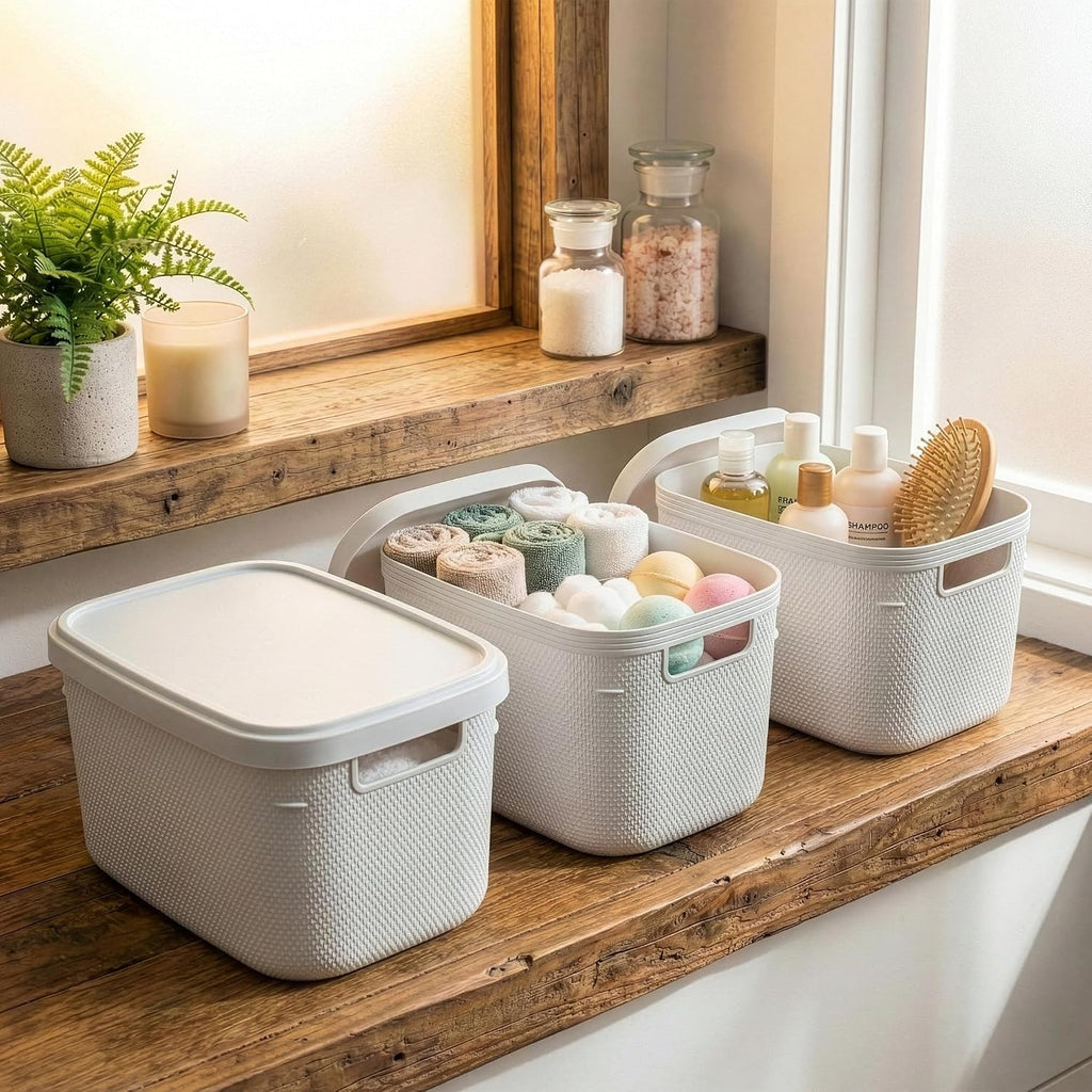 BINO | Plastic Storage Bins with Lids, 5.5 Liter - 3 Pack, White | THE TWILL COLLECTION | Plastic Bins for Organization | Woven Storage Baskets for Organizing | Pantry Shelf Organizer Basket Bin