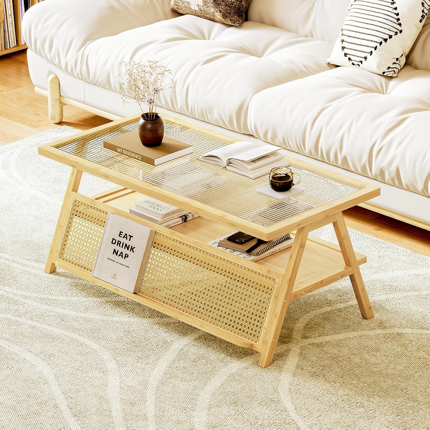 Bamworld Coffee Table with Storage Mid-Century Modern Coffee Table Boho | BambooTable with Glass Top for Living Room Office