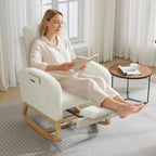 Modern Nursery Rocking Chair, Comfortable Rocker Recliner with Side Pocket, Footrest, Mid Century Upholstered Rocker Glider for Living Room, Bedroom, Nursing Room, High Back & Wood Legs, Teddy Beige