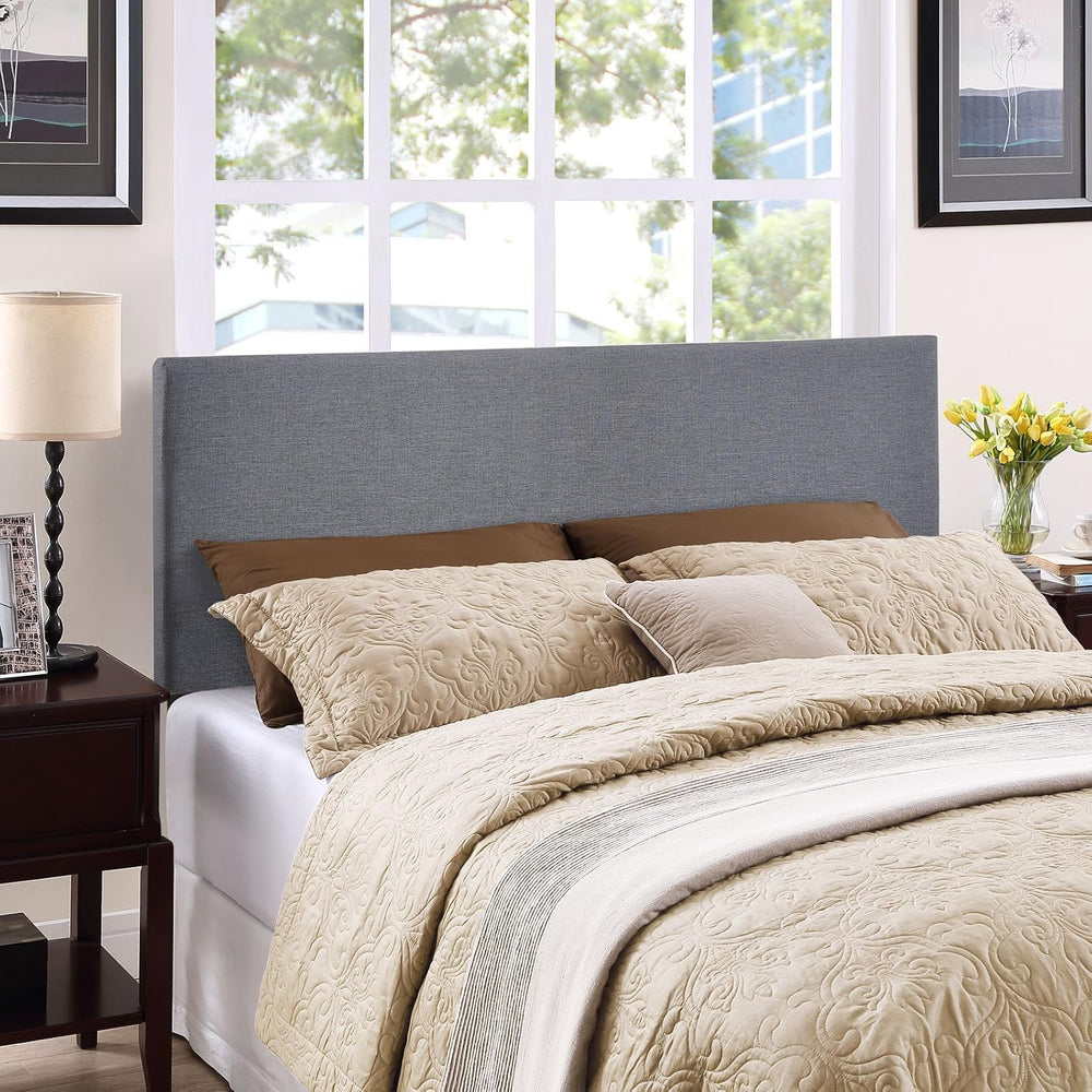 Modern Contemporary Queen Size Upholstered Headboard, Grey Fabric