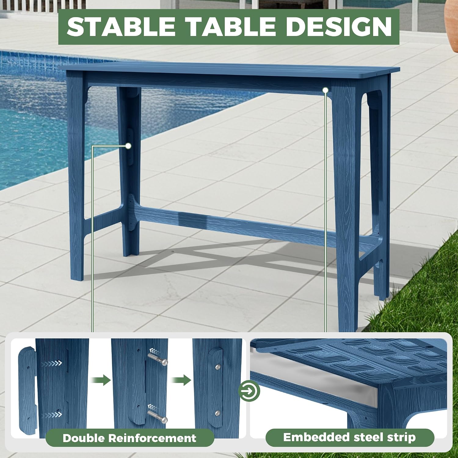 Outdoor Patio Bar Height Table and Tall Adirondack Chairs Set of 2, All-Weather HDPE High Top Long Rectangle Pub Furniture for Outside Balcony Bistro Backyard Pool Deck | 3-Pieces, Navy Blue