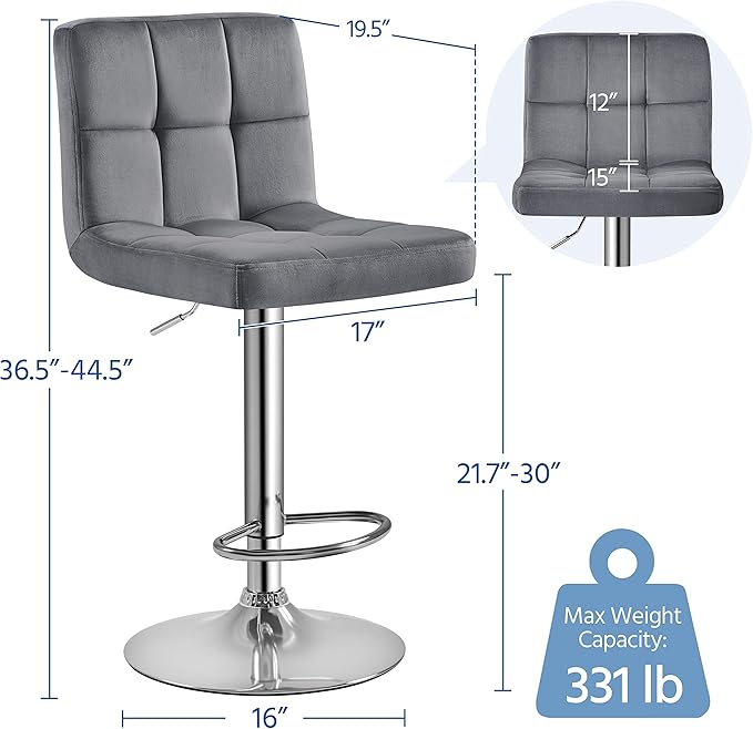 Yaheetech Bar Stools Set of 4, Velvet Fabric Swivel Barstools, Height Adjustable Counter Chairs, Modern Stools with Back for Bar Kitchen Island Dining Room, Dark Grey
