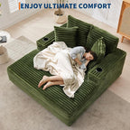 GarveeHome Oversized Chaise Lounge Chair Indoor, 56x60 Inch Comfortable Corduroy Lounge Sofa with Charging Ports & Cup Holders, Cozy Reading Couch for Bedroom Living Room Apartment, Green