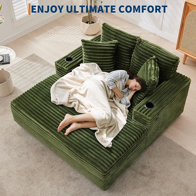 GarveeHome Oversized Chaise Lounge Chair Indoor, 56x60 Inch Comfortable Corduroy Lounge Sofa with Charging Ports & Cup Holders, Cozy Reading Couch for Bedroom Living Room Apartment, Green