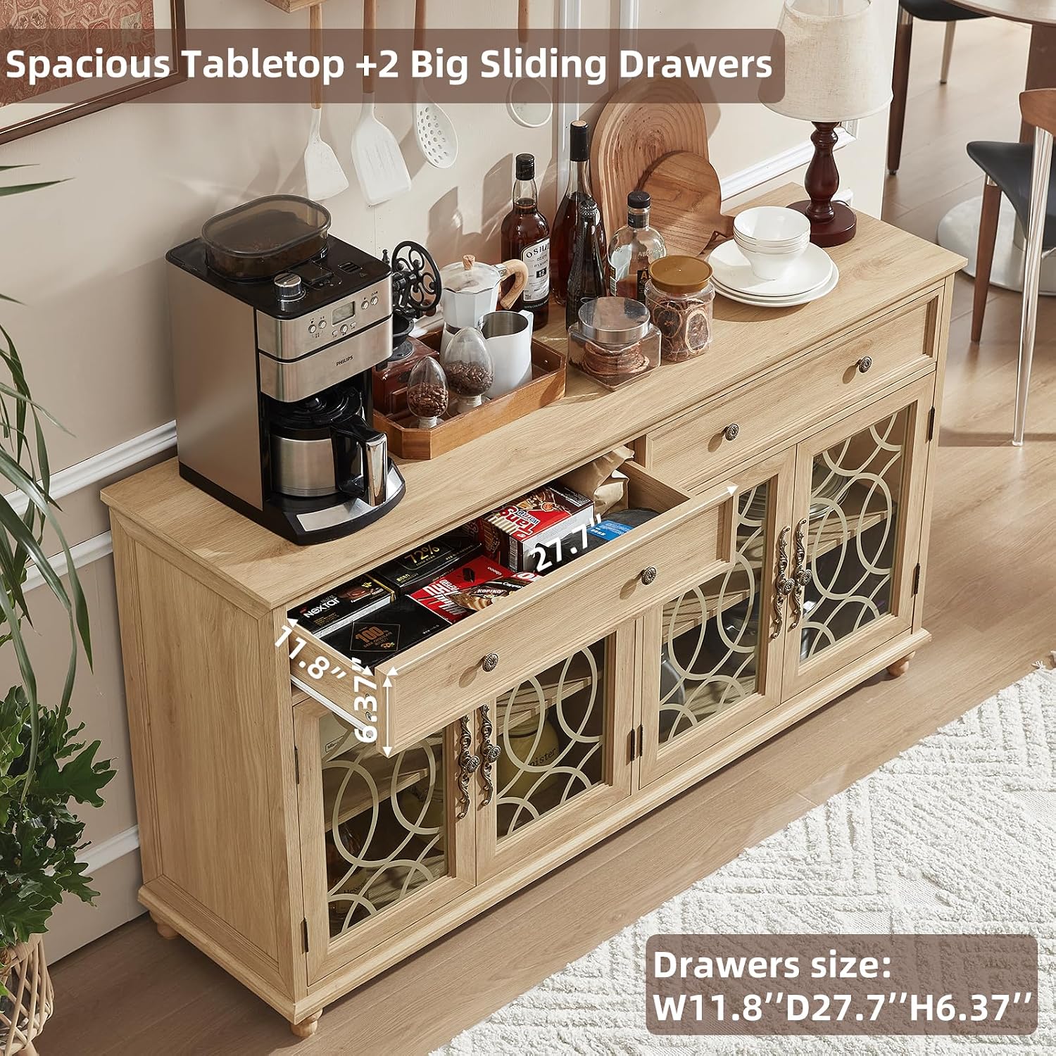 Joaxswe Farmhouse Sideboard Buffet Cabinet with Storage,59" Large Credenza with 4 Glass Doors & 2 Drawers,Adjustable Shelves Console Table,Wood Kitchen Coffee Bar for Dining Room,Living Room,Natural