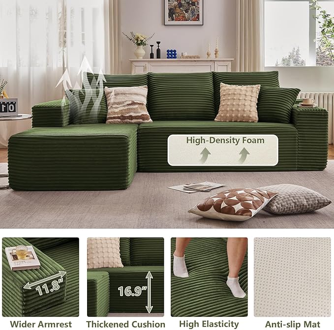 107" Cloud Sectional Couch with L-Shape Chaise, Modern Modular Comfy Sofa with Deep Seat, Upholstered Corduroy Couches Sleeper Chaise Longue for Living Room Bedroom, No Assembly Required, Green