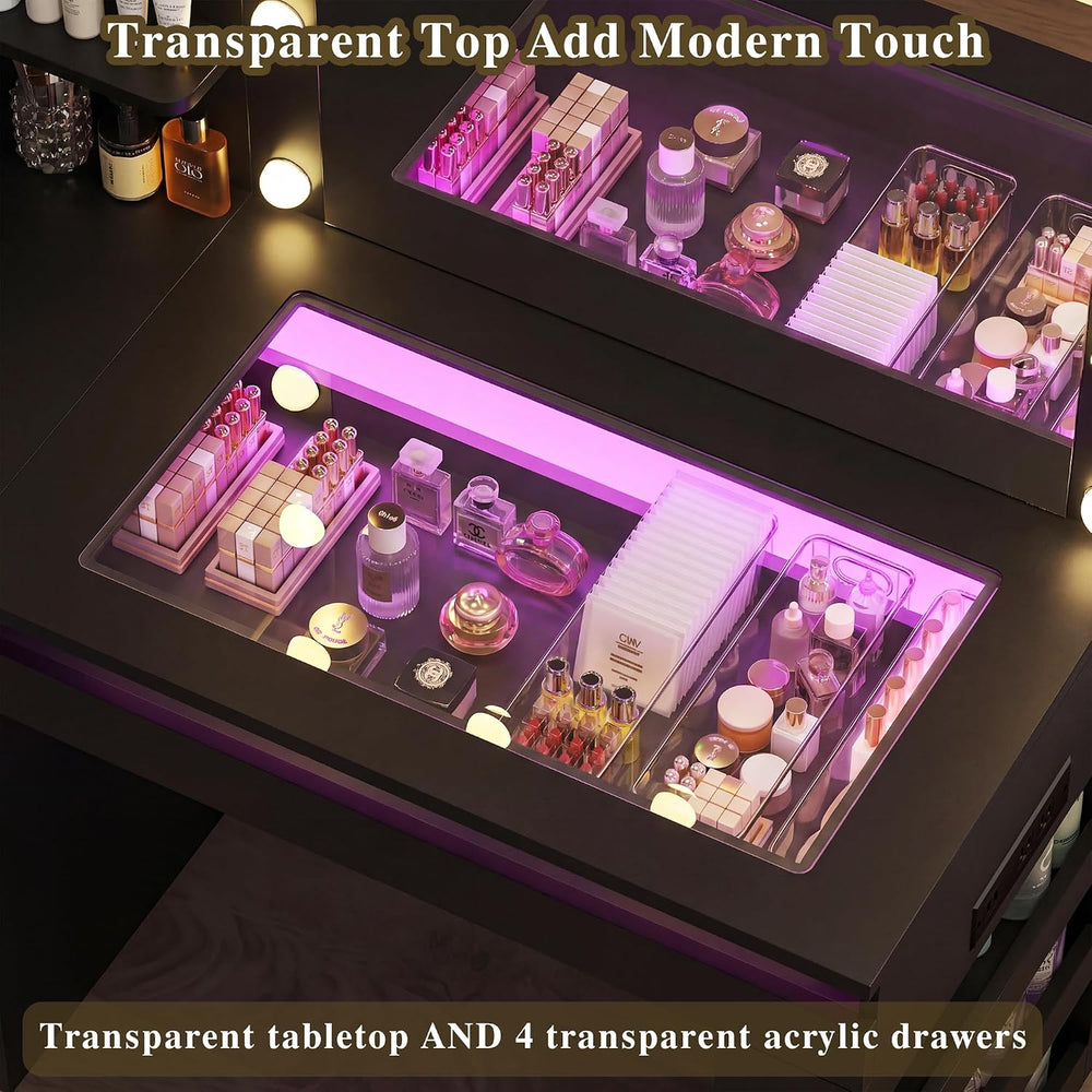 HUAHUU Vanity Desk with Lighted Mirror & Transparent Top, Makeup Vanity D...