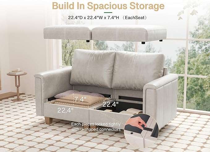 SITJOY 65" Faux Leather Modular Sectional Sofa with Storage, Mid Century Modern Sectional Couches for Living Room, Soft Padded Armrests, Loveseat Sofa, Greige