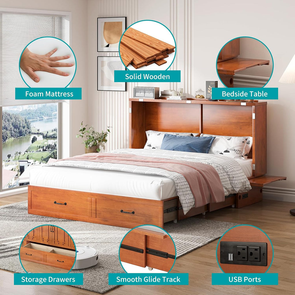 BALUS Queen Murphy Bed with Mattress Included, Chest Murphy Bed -Cherry | Tri-Fold Mattress, USB Charing Station, Spacious Drawer, Space Saving, Queen Bed Frame