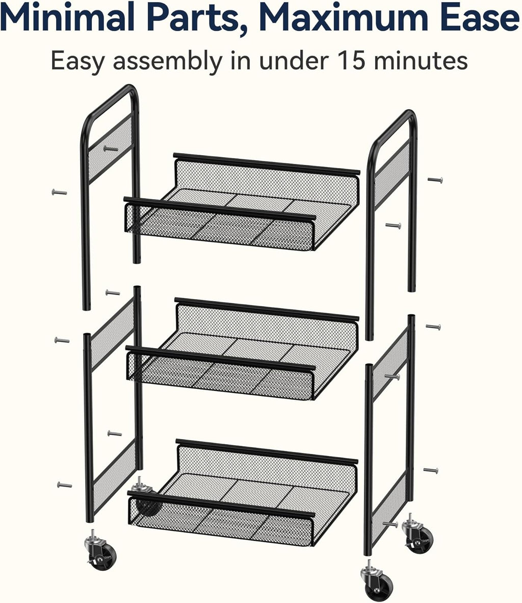 YASONIC 3 Tier Rolling Cart – Metal Utility Storage Carts with Wheels, Craft Cart Organizer with Hanging Cups, Hooks, Mesh Basket for Bedside Kitchen Office Art, Black