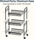 YASONIC 3 Tier Rolling Cart – Metal Utility Storage Carts with Wheels, Craft Cart Organizer with Hanging Cups, Hooks, Mesh Basket for Bedside Kitchen Office Art, Black