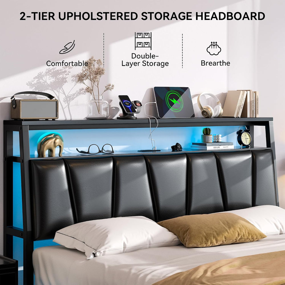 FreeHouse Full Size Bed Frame with Storage Headboard & 2 Drawers, Black