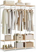 SONGMICS Clothes Rack, Iron and Wood Wardrobe Closet Organizer, Heavy Duty Garment Rack with Hanging Rods, Closet Shelves, Removable Hooks, 15.7 x 55.5 x 70.9 Inches, Natural Beige URGR005W67