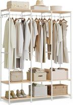 SONGMICS Clothes Rack, Iron and Wood Wardrobe Closet Organizer, Heavy Duty Garment Rack with Hanging Rods, Closet Shelves, Removable Hooks, 15.7 x 55.5 x 70.9 Inches, Natural Beige URGR005W67