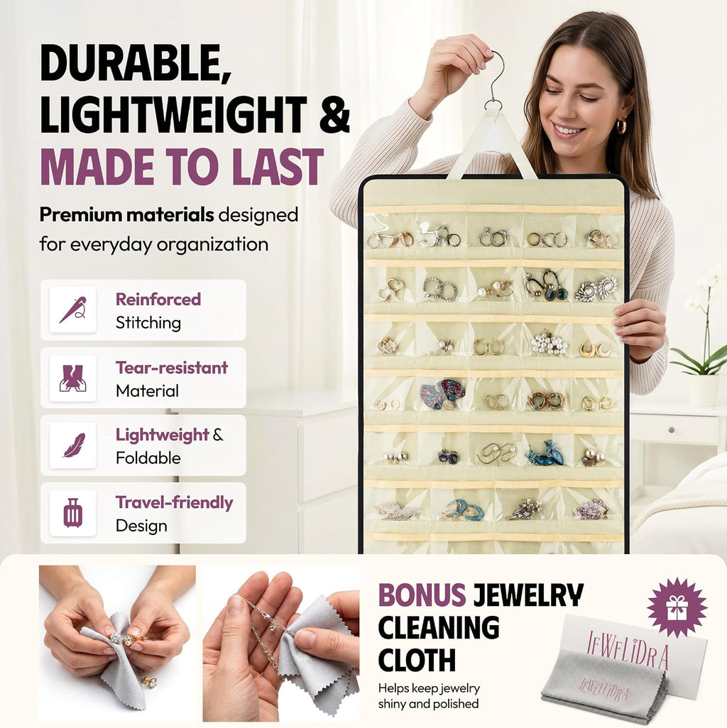 Hanging Jewelry Organizer 34.7 x 17.2 inches XL Size with Clear Pockets & Hooks – Double-Sided Necklace, Earrings & Rings Storage Holder – Space-Saving Closet Organizer for Women