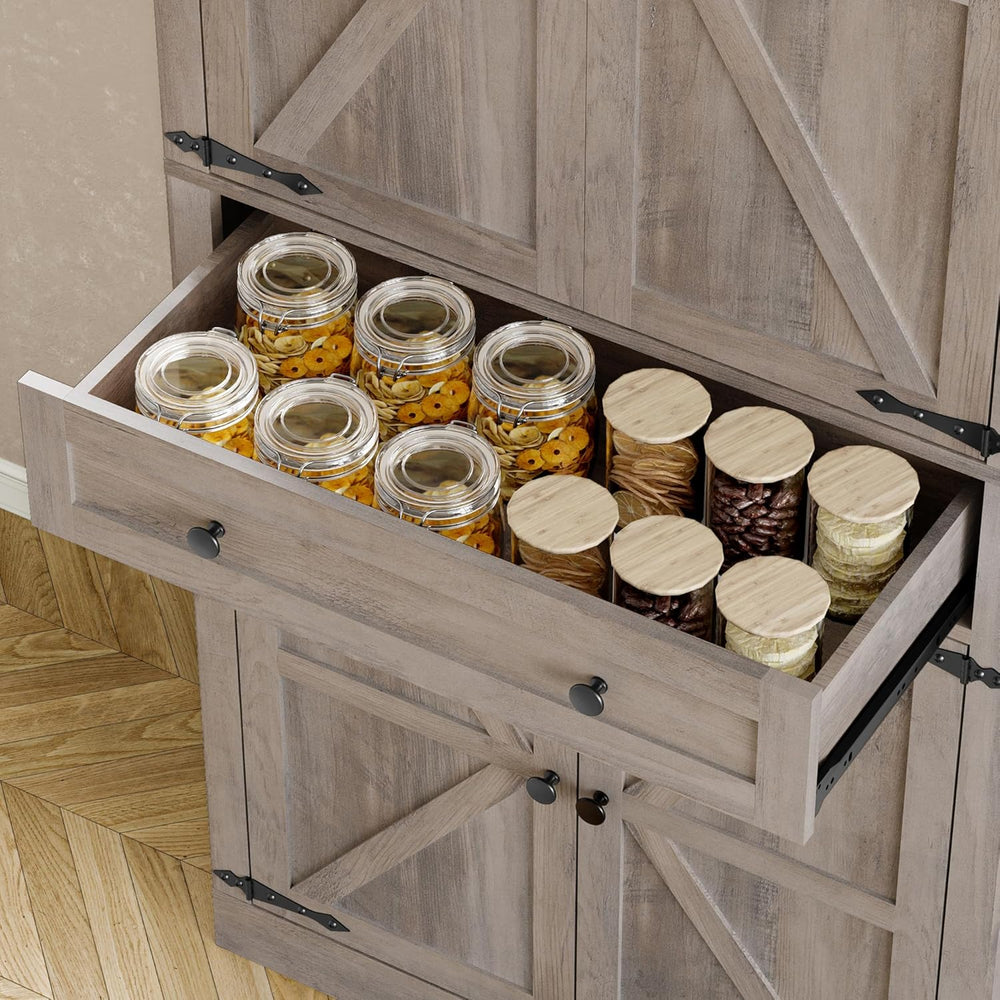 BORNOON Pantry Organizers and Storage Cabinet, 67.7” Barn Door White Kitchen ...