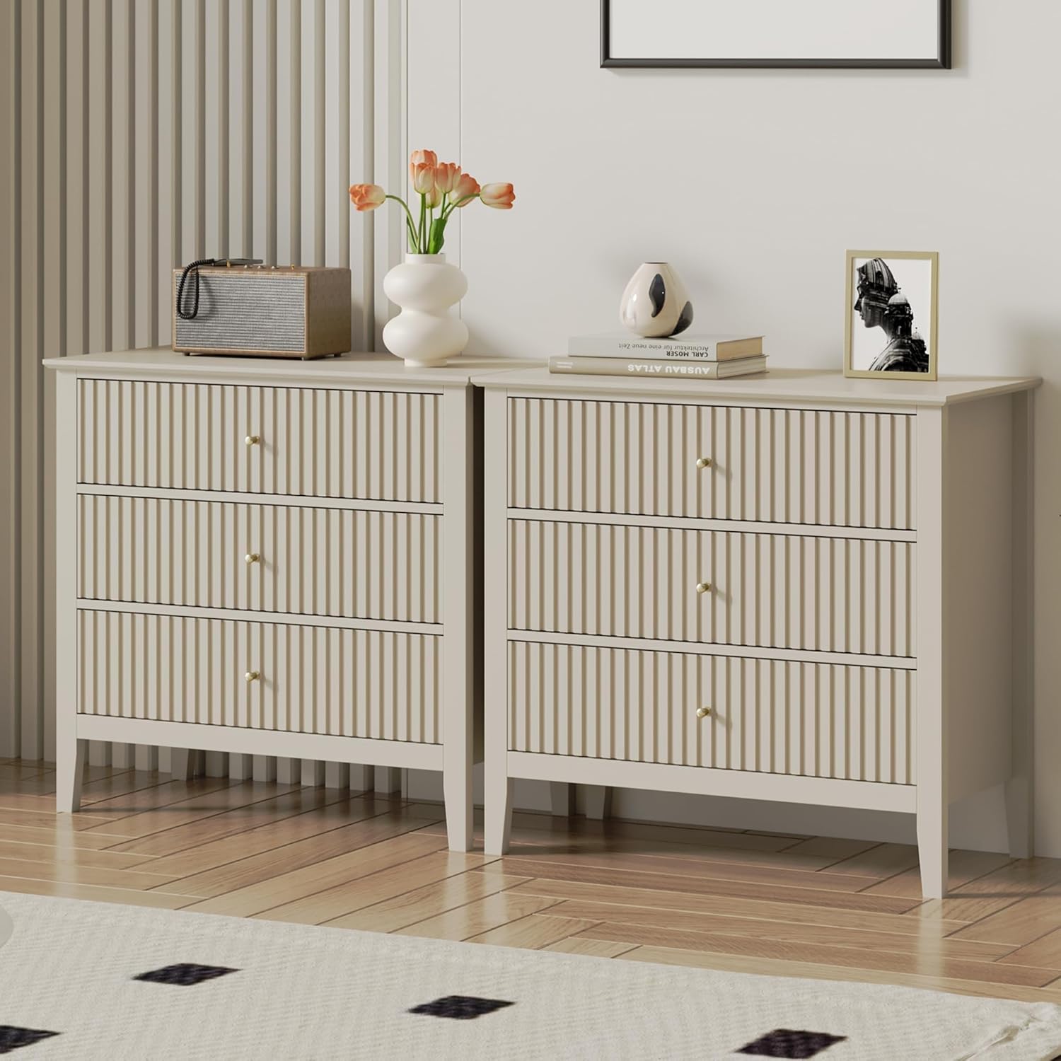 RoyalCraft Large 3 Drawer Dresser Set of 2, Fluted Wood Drawers for Bedroom, Modern Painted 30 inch Wide Nightstand for Bedroom, Entryway, Beige