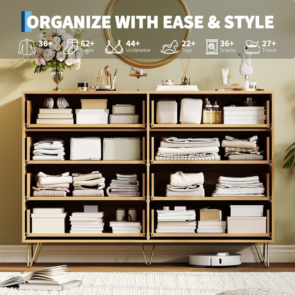 Garvee Fluted Dresser for Bedroom with 8 Drawers,55" Wide Modern Chest of Wooden Bedroom Chest with Metal Handle,Clothes Storage Organizer,Closet Dresser & TV Stand for Living Room,Hallway